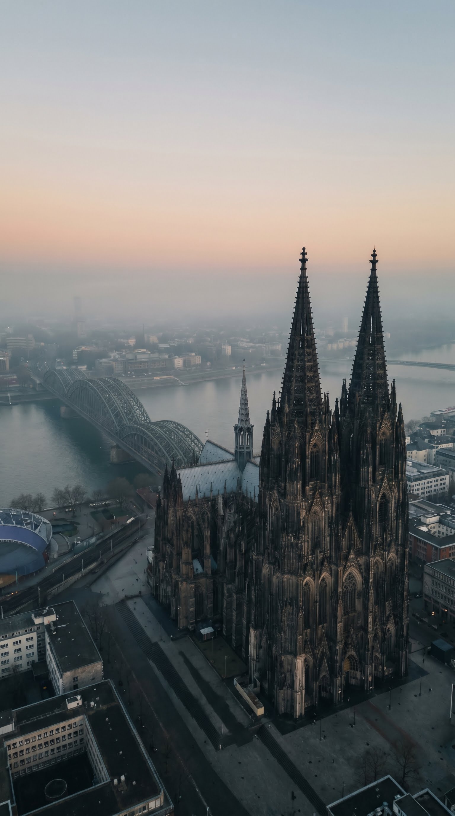 Cologne Cathedral aerial view in morning mist